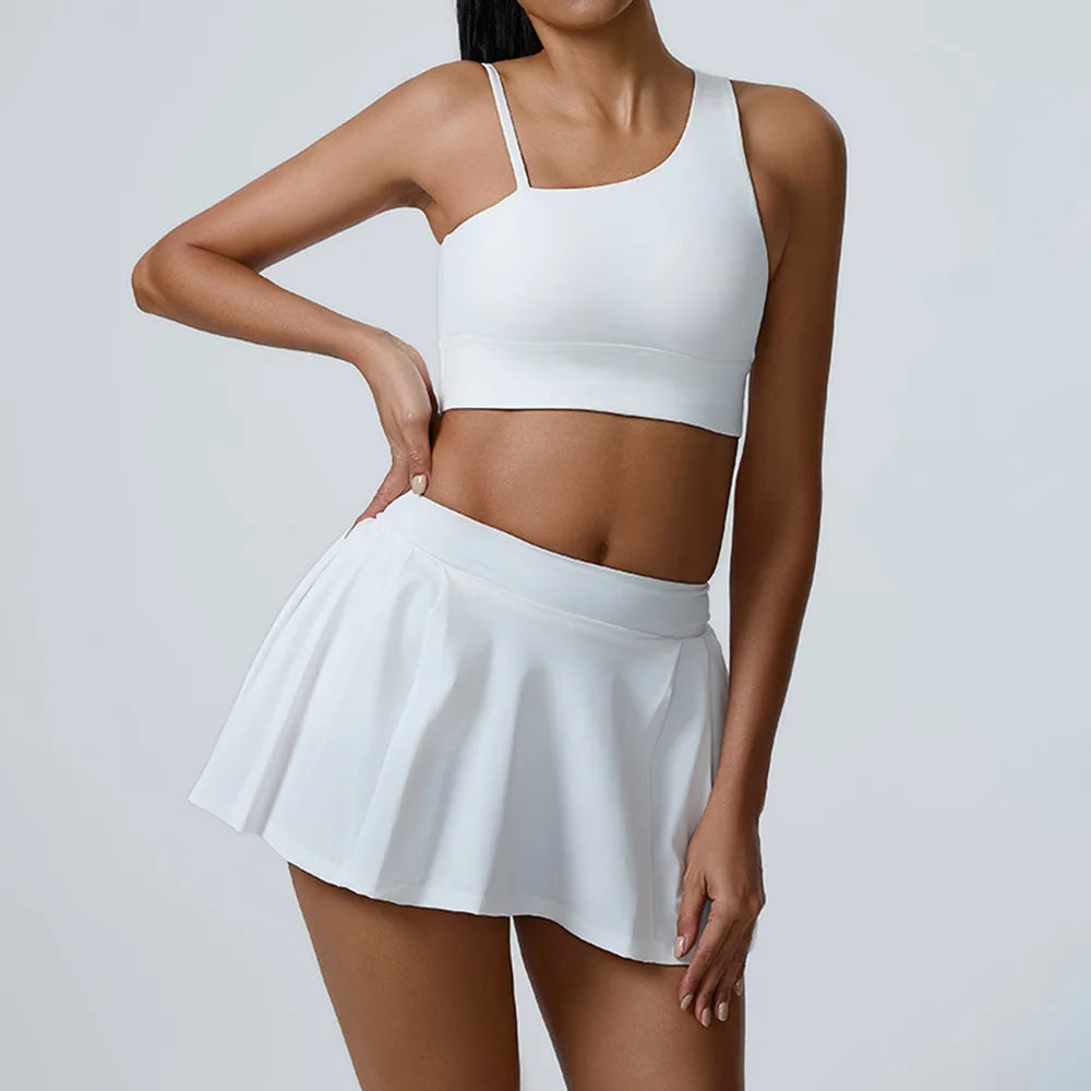 Yoga Set 2 Pieces Women Workout Sport Suits Gym High Wais Shorts Skirt Fitness T-Shirt Female Sportswear One Shoulder Yoga Vest