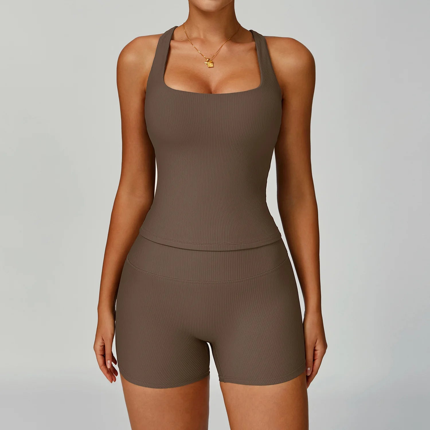Seamless Ribbed Yoga Sets 2 Pieces Workout Sets Women Gym Suits Ribbed Crop Tank High Waist Shorts Outfits Fitness Running Suit