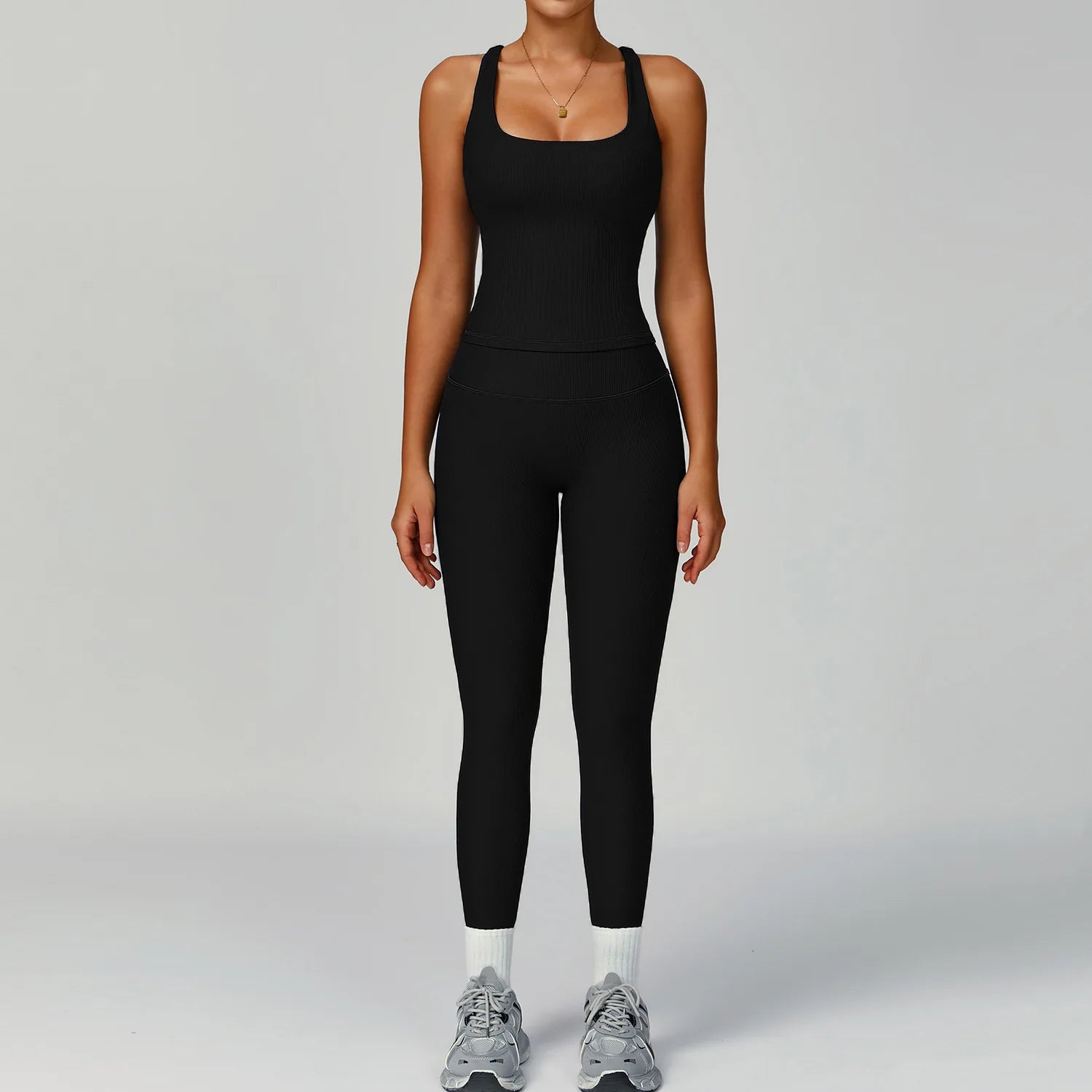 Seamless Ribbed Yoga Sets 2 Pieces Workout Sets Women Gym Suits Ribbed Crop Tank High Waist Shorts Outfits Fitness Running Suit