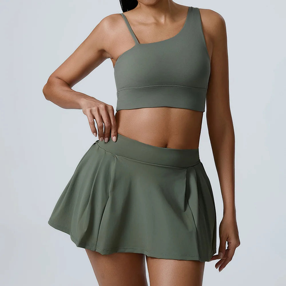 Yoga Set 2 Pieces Women Workout Sport Suits Gym High Wais Shorts Skirt Fitness T-Shirt Female Sportswear One Shoulder Yoga Vest