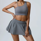 Yoga Set 2 Pieces Women Workout Sport Suits Gym High Wais Shorts Skirt Fitness T-Shirt Female Sportswear One Shoulder Yoga Vest