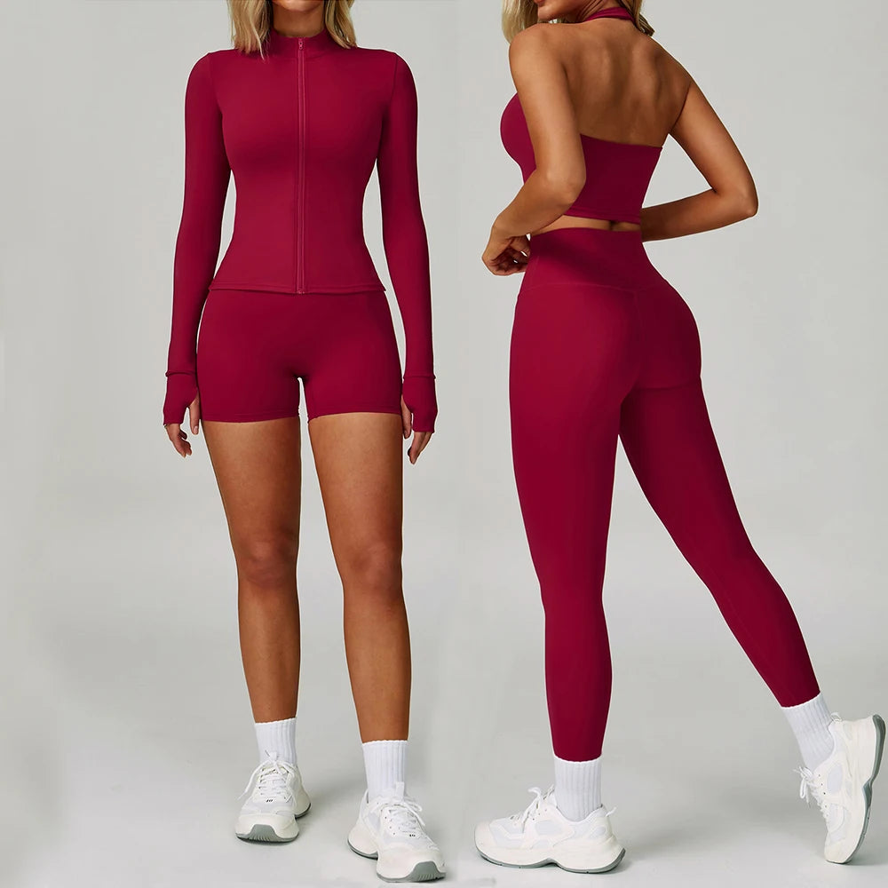 2Pcs Yoga Set Women Gym Set Workout Clothes High Waist Leggings Yoga Shorts Sports Bra  Crop Top Long Sleeve Suits Tracksuits